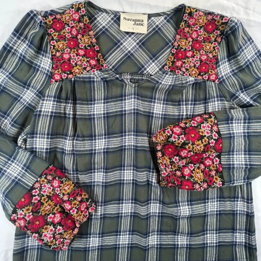 Savanna Jane Plaid Floral Embroidered Peasant Blouse L Green Cottagecore Boho